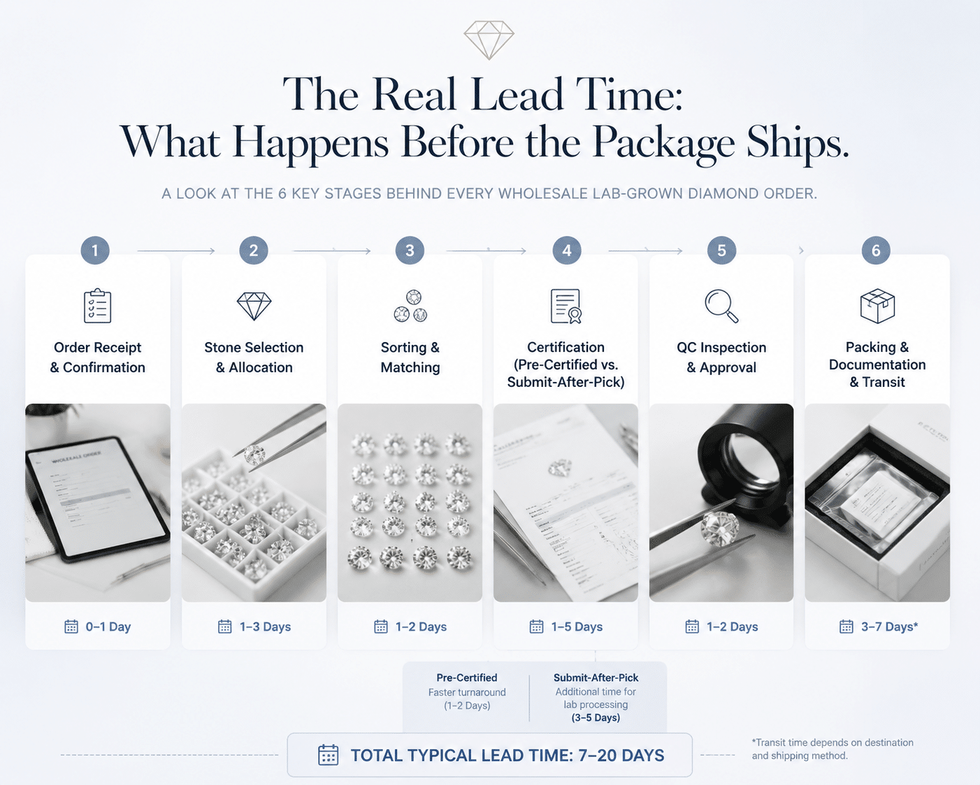 Flowchart showing the six stages of a wholesale lab-grown diamond order from order receipt to delivery: stone selection, sorting and matching, certification (pre-certified vs. submit-after-pick), QC inspection, packing and documentation, and transit. Each stage shows a typical day range. Label: "The Real Lead Time: What Happens Before the Package Ships."