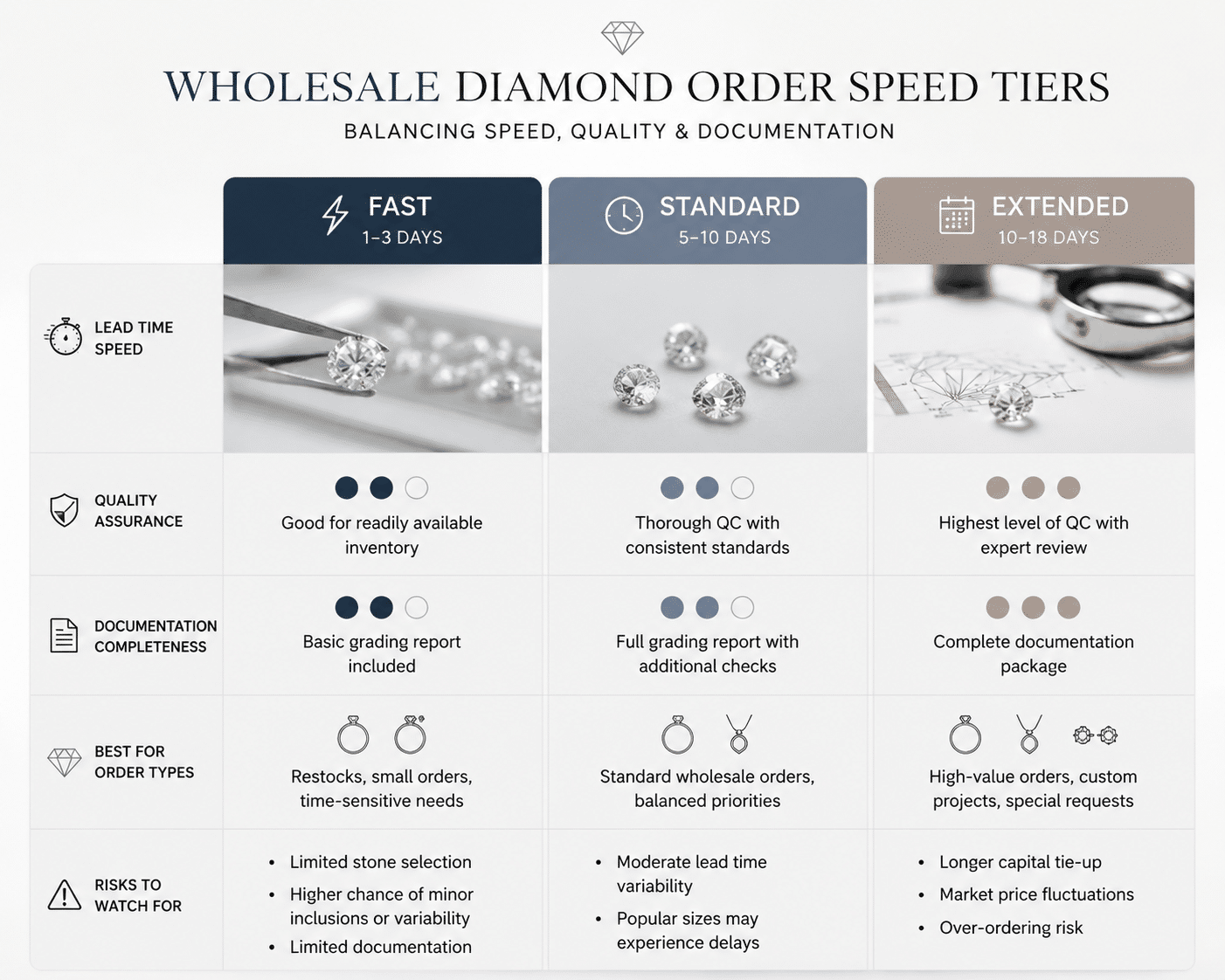 Three-tier comparison chart showing the tradeoff relationship between lead time speed, quality assurance, and documentation completeness for wholesale diamond orders. Each tier (Fast 1–3 days, Standard 5–10 days, Extended 10–18 days) is annotated with order types it suits and specific risks to watch for at that speed.