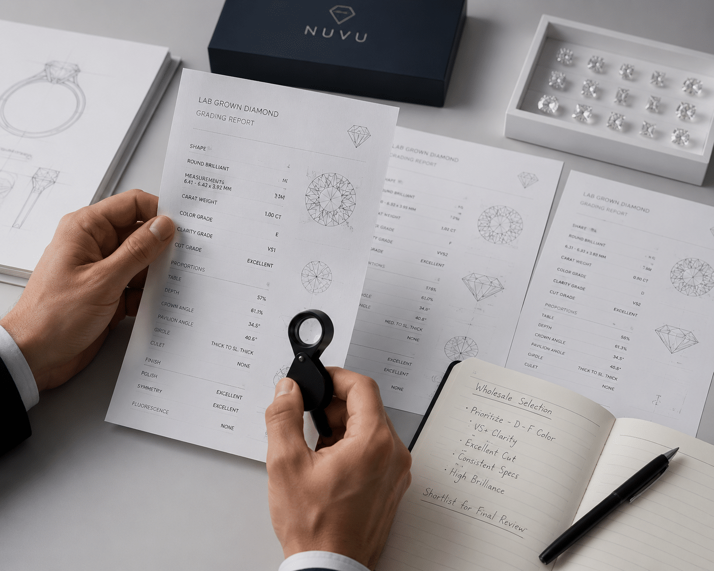A wholesale buyer reviewing multiple lab-grown diamond certificates spread across a worktable, comparing color and clarity grades with a magnifying loupe and notebook nearby.