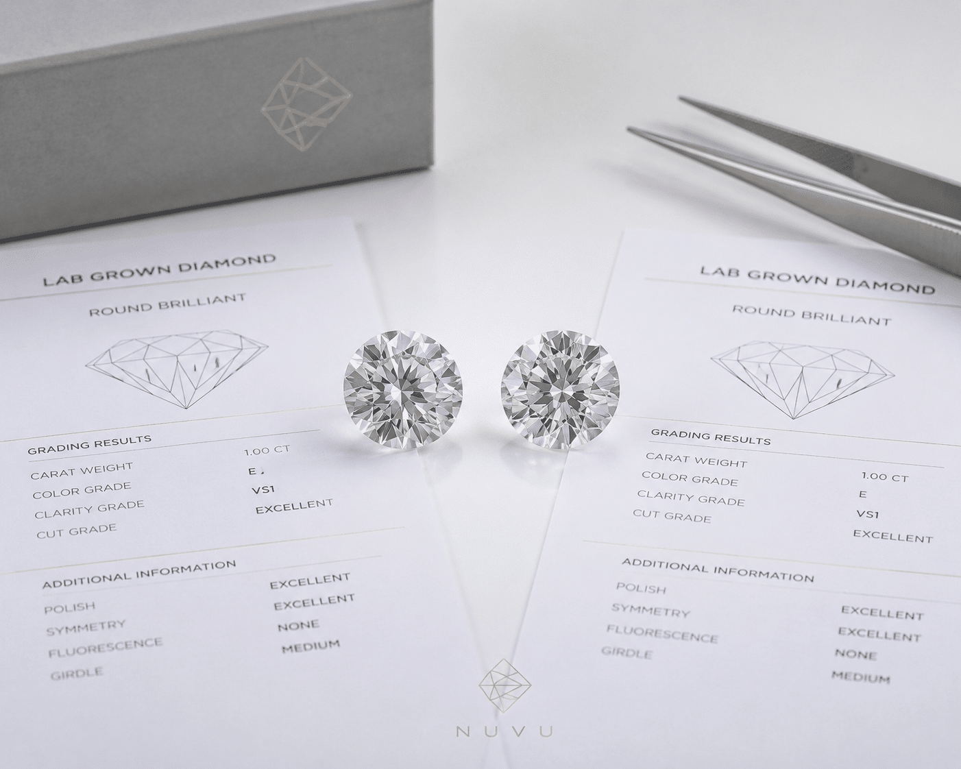 Two round lab-grown diamonds placed side by side on a white surface, with their certificates visible beneath them, highlighting the visual comparison a buyer must make beyond the grading data.