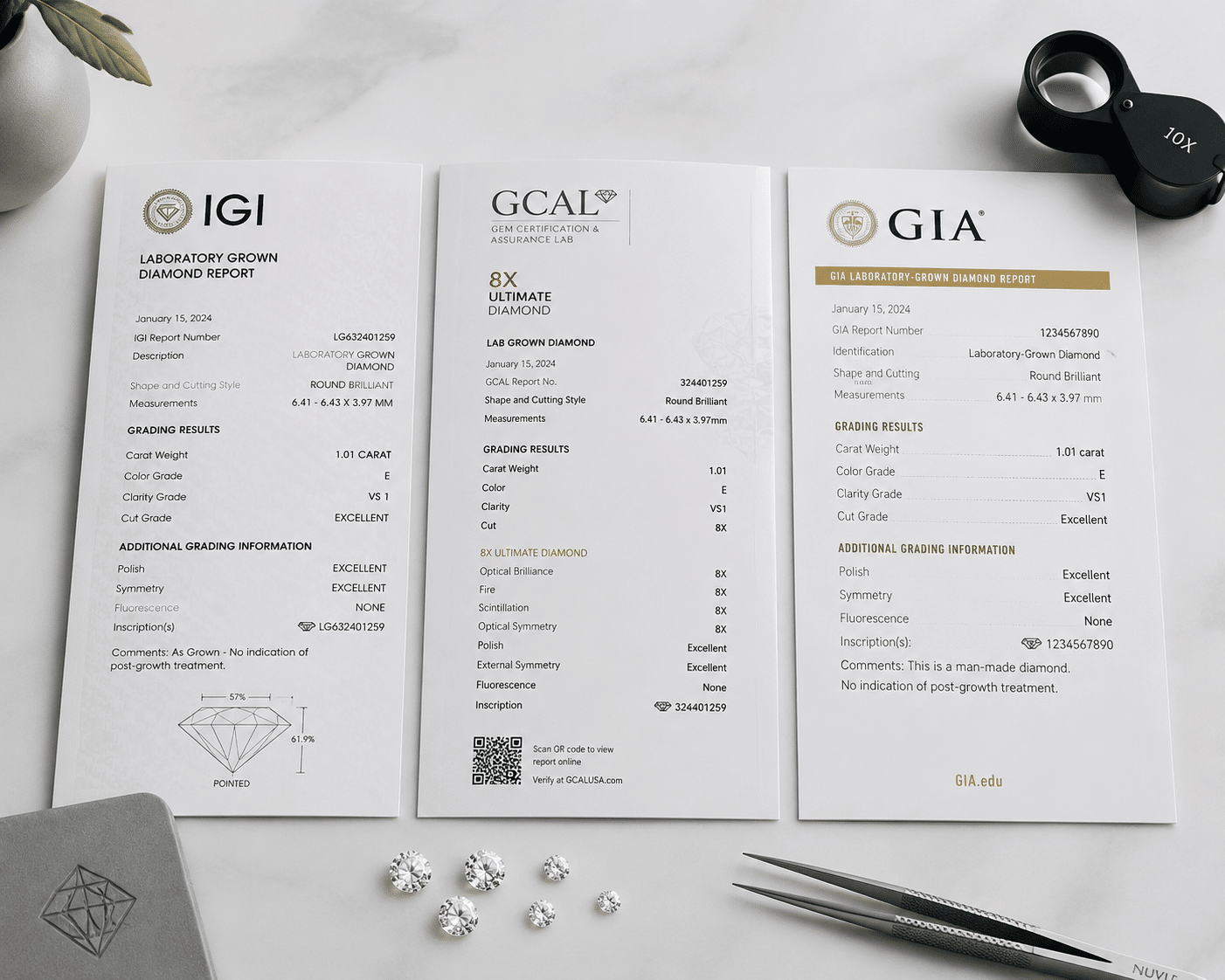 A comparison of three grading reports from IGI, GCAL, and GIA placed side by side on a desk.