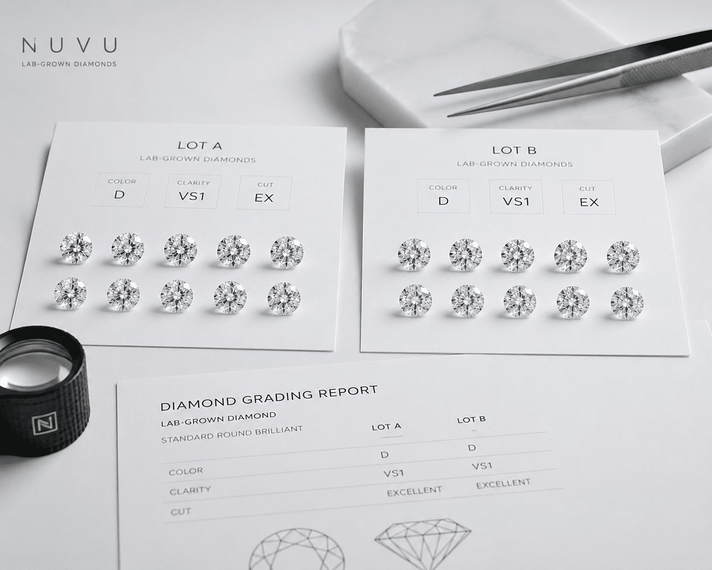 Side-by-side comparison of two lab-grown diamond lots showing consistent color and clarity grading under standard lighting conditions