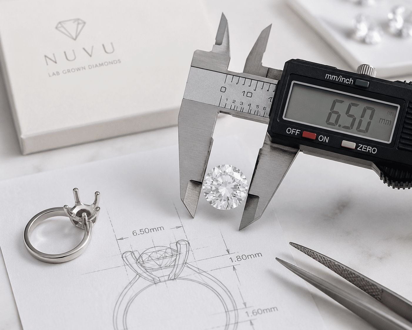Example of a lab-grown diamond being measured with calipers alongside a pre-fabricated four-prong setting to confirm fit tolerance