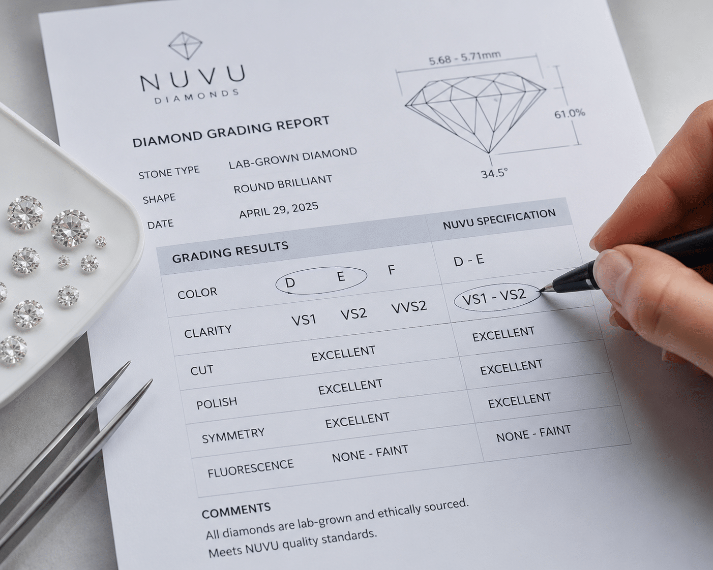 A close-up of a grading report showing color and clarity specifications, with a pen marking the exact D-E vs1-vs2 window accepted for the order