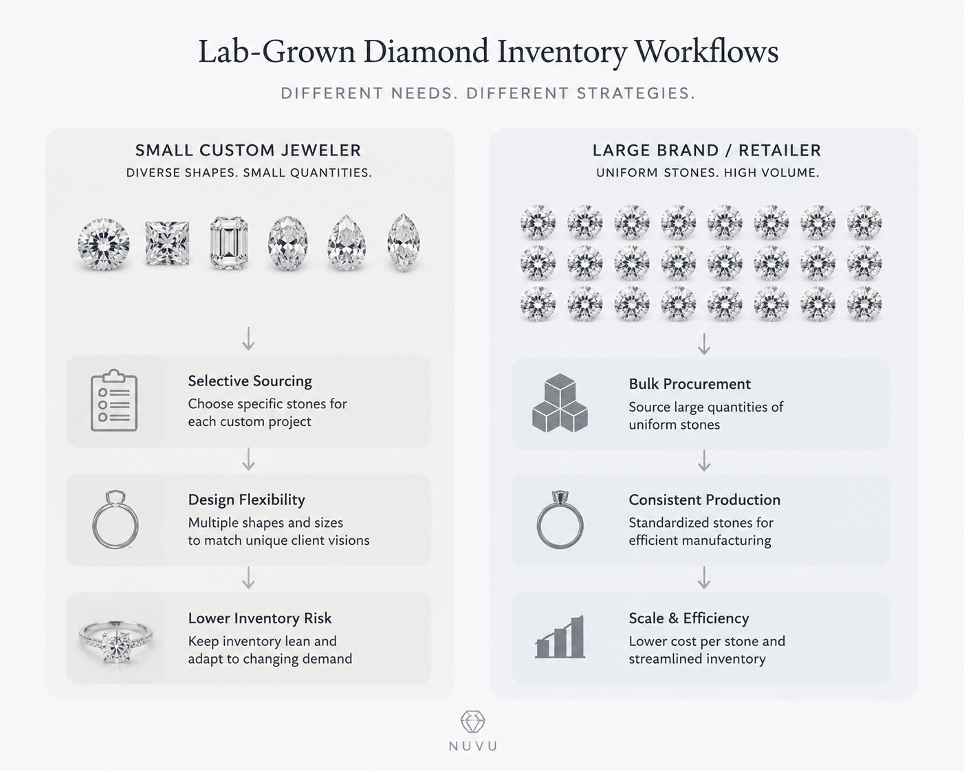 Side-by-side comparison diagram showing two inventory workflows: one for a small custom jeweler with diverse shapes and small quantities, one for a large brand with uniform stones in high volume