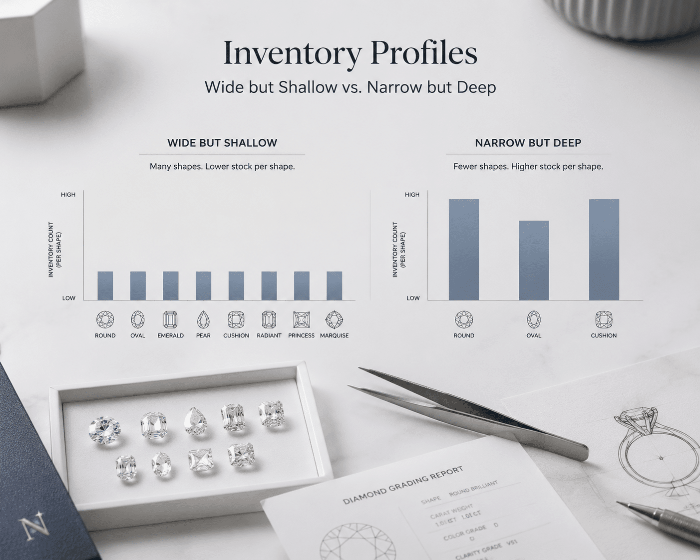 Two visual bar charts comparing inventory profiles: one showing wide but shallow variety (many shapes, low count each) and one showing narrow but deep variety (few shapes, high count each)