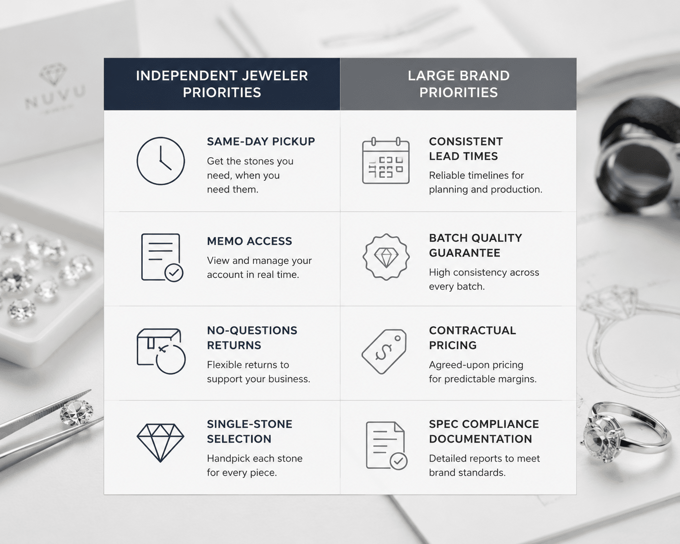 Two-column comparison chart: "Independent Jeweler Priorities" (same-day pickup, memo access, no-questions returns, single-stone selection) vs "Large Brand Priorities" (consistent lead times, batch quality guarantee, contractual pricing, spec compliance documentation)