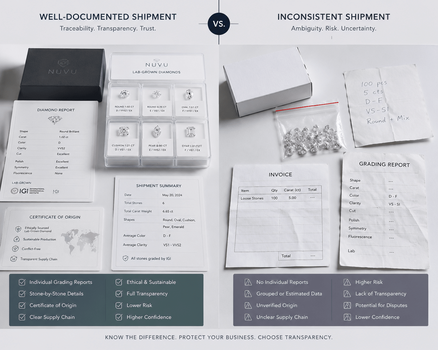 A side-by-side comparison of a well-documented wholesale lab-grown diamond shipment and a shipment with inconsistent paperwork, showing the visual difference between traceability and ambiguity