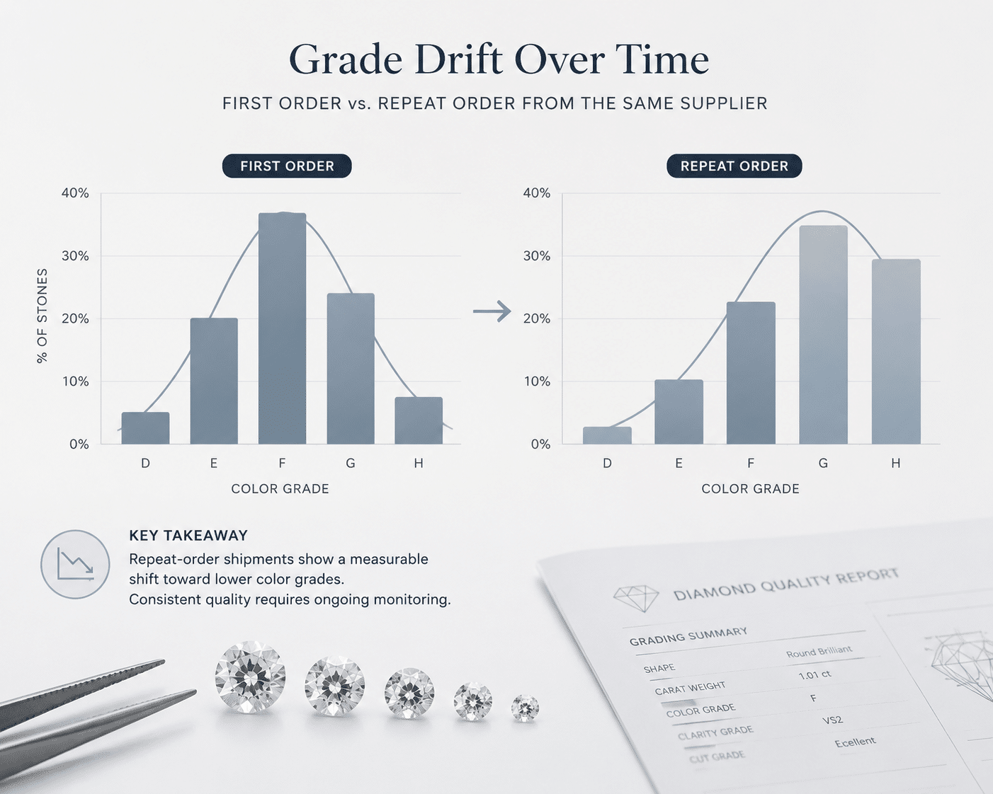 A comparison chart showing grade distribution differences between a first-order shipment and a repeat-order shipment from the same supplier, illustrating drift