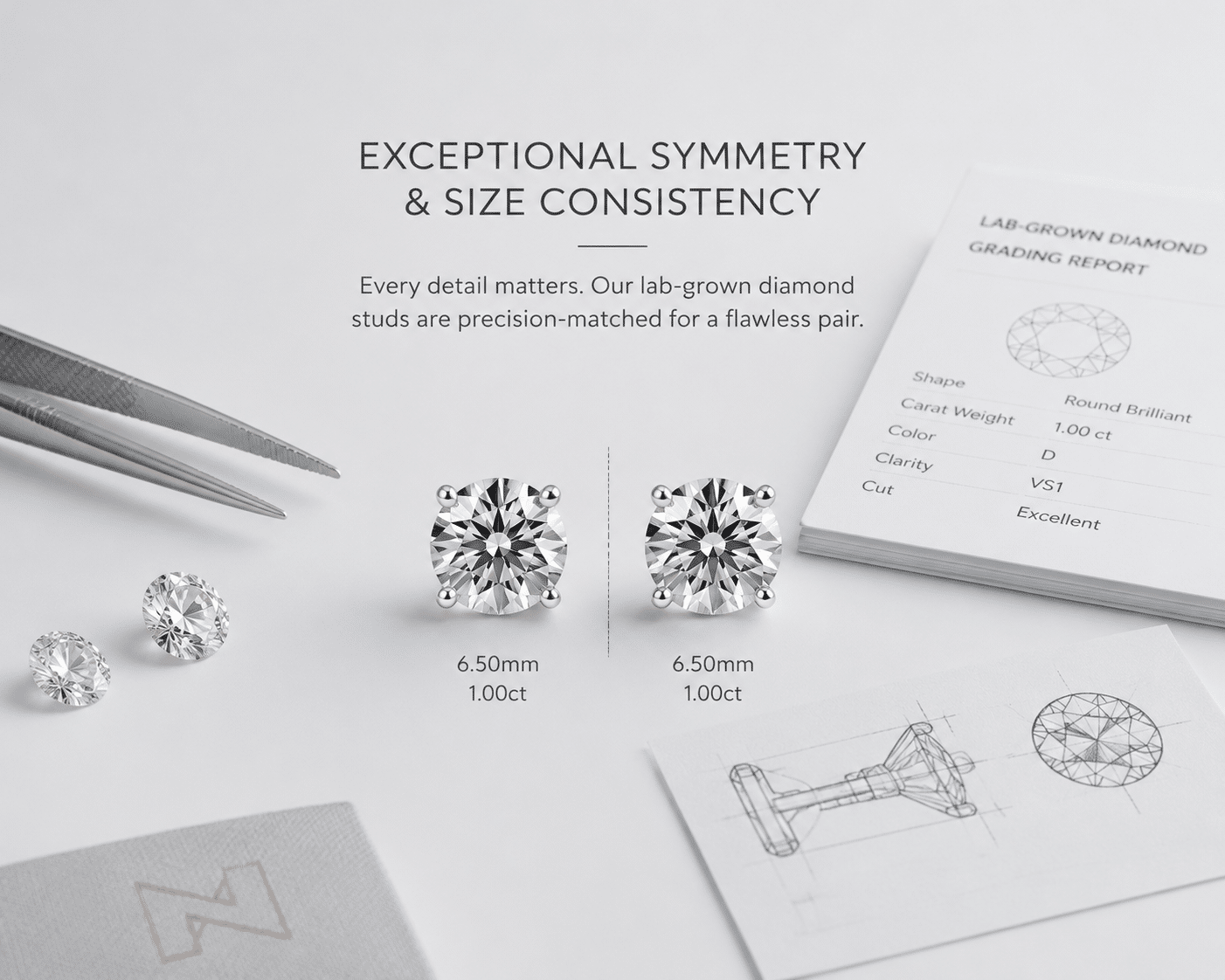 Side by side comparison of two lab-grown diamond stud earrings showing visual symmetry and face-up size consistency