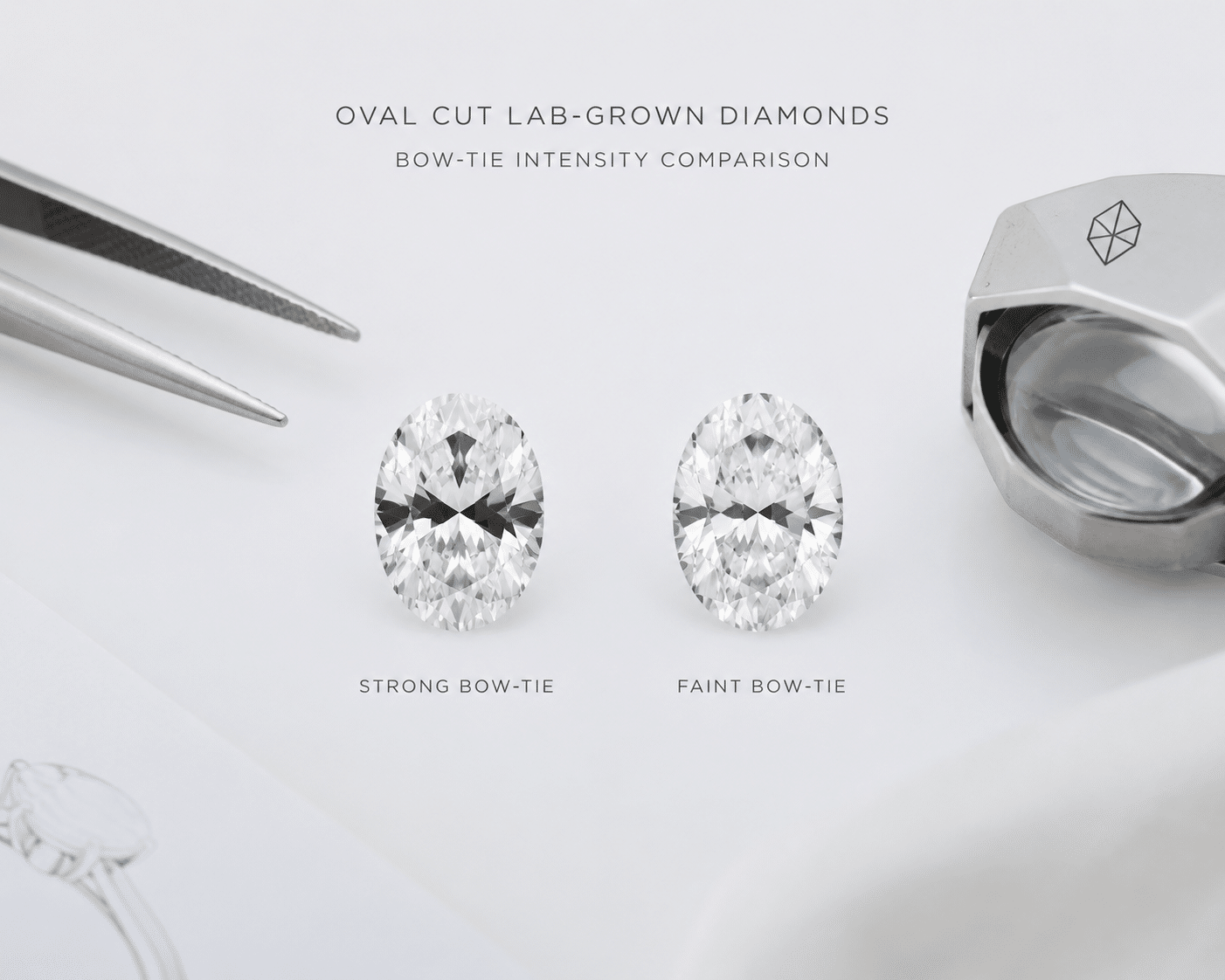 Two oval cut lab-grown diamonds side by side on a white surface showing bow-tie intensity comparison