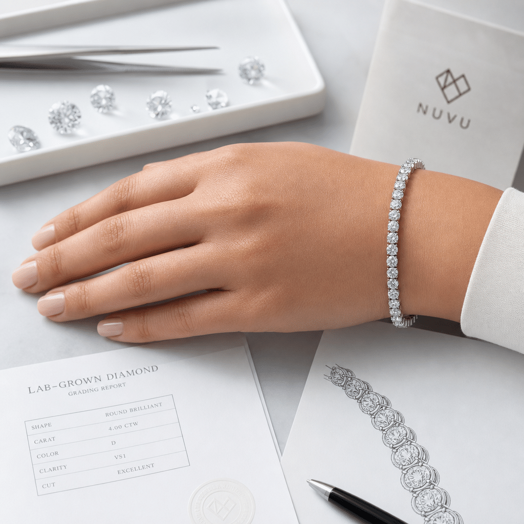 A hand wearing a lab-grown diamond tennis bracelet with visible individual stone sparkle