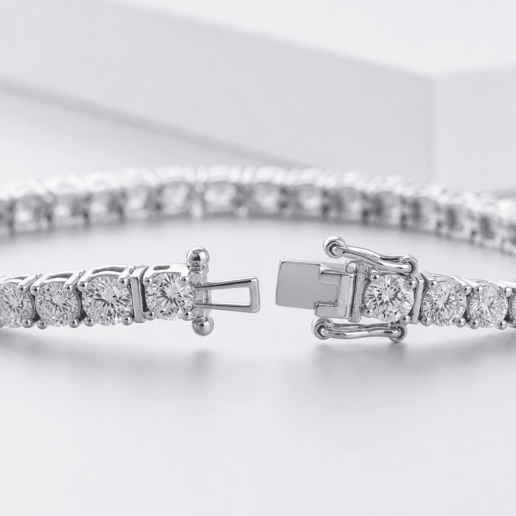 Close-up of a lab-grown diamond tennis bracelet clasp showing a double-locking mechanism