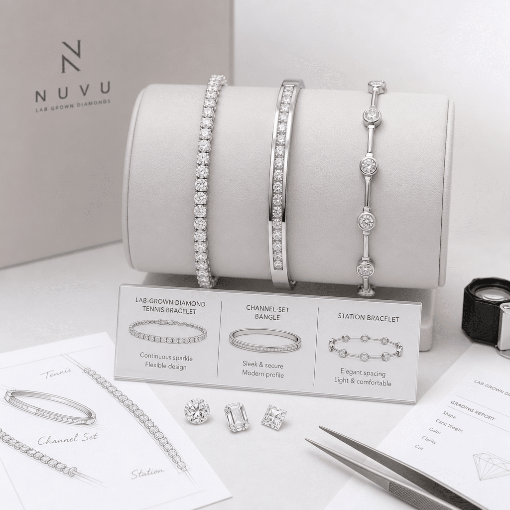 Side-by-side comparison of a lab-grown diamond tennis bracelet, a channel-set bangle, and a station bracelet on a display bust, highlighting their different structural profiles.