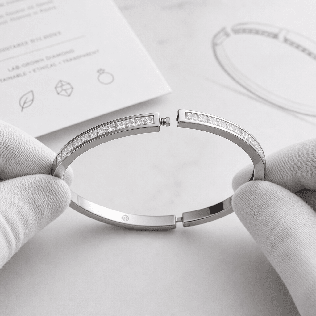 Angled view of a lab-grown diamond cuff bracelet held open, showing the spring gap mechanism and the flush-set diamonds along the top curve.