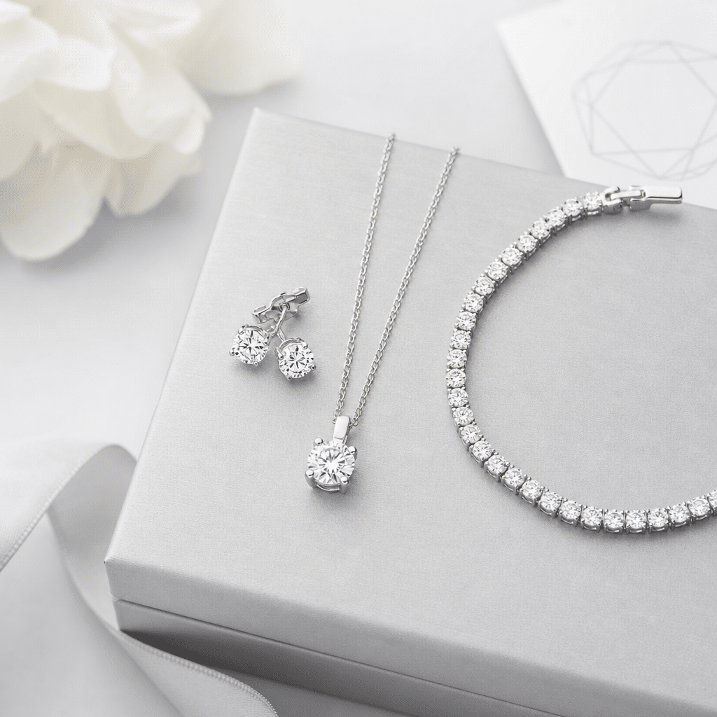 Three lab-grown diamond jewelry pieces arranged on a gift box: a pair of round brilliant stud earrings, a solitaire pendant necklace, and a tennis bracelet, showing variety of gift options