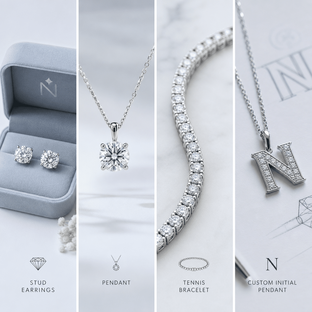 Side-by-side comparison of four diamond jewelry types: stud earrings in a velvet box, a pendant on a chain, a tennis bracelet, and a custom initial pendant