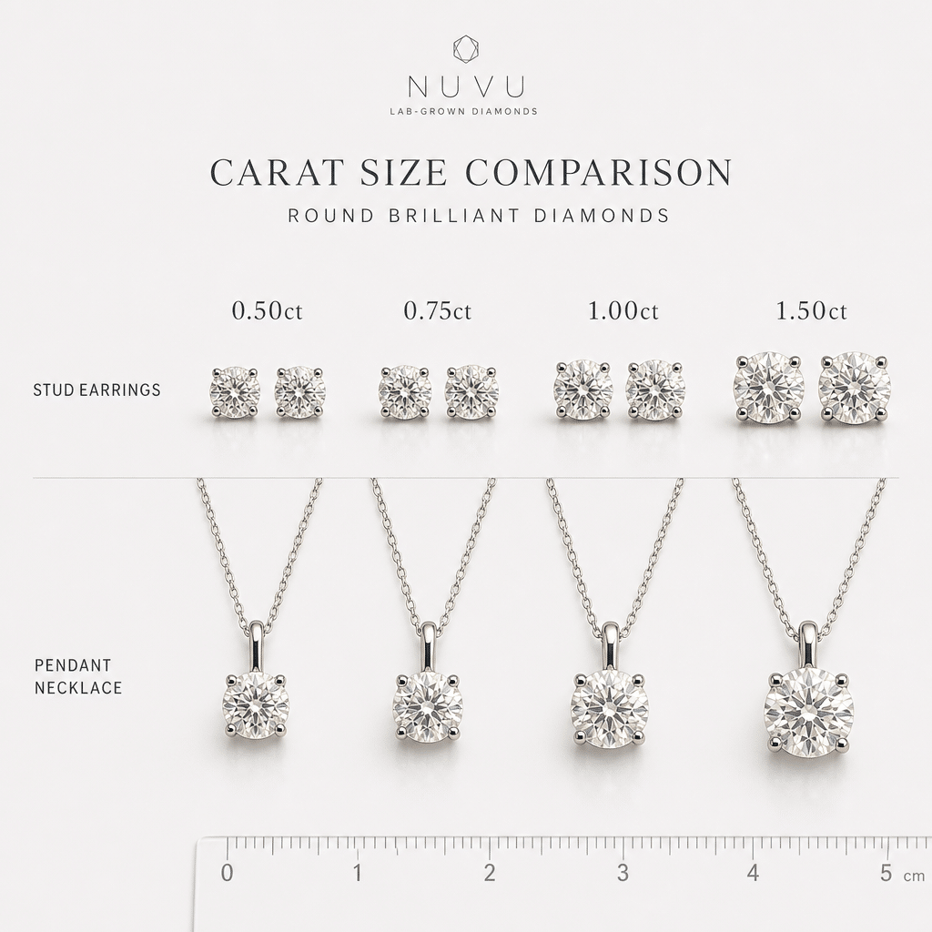 Carat size comparison chart showing actual face-up sizes of 0.50ct, 0.75ct, 1.00ct, and 1.50ct round brilliant diamonds in stud earring and pendant settings