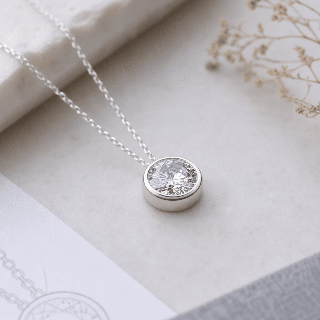 Low-profile bezel-set lab-grown diamond pendant lying flat on a surface showing the smooth metal rim and flush diamond placement