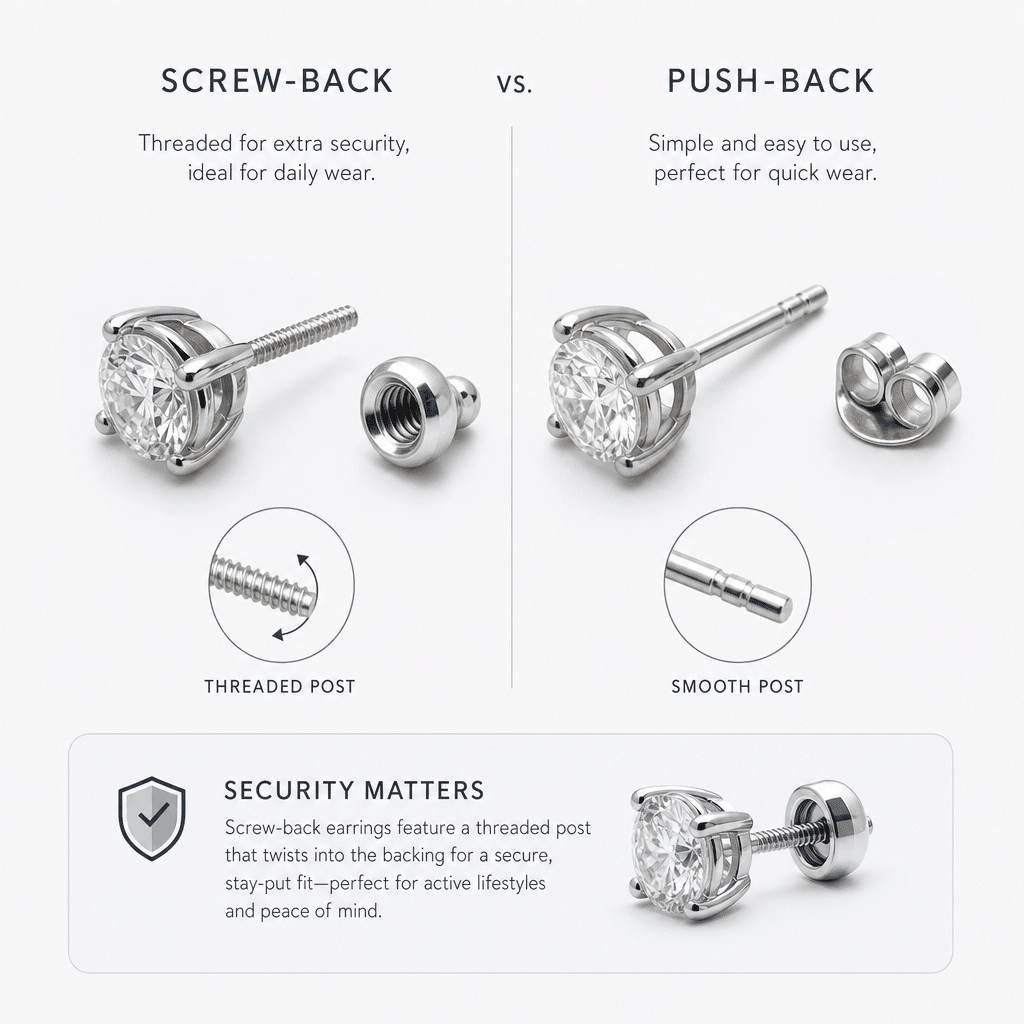 Side-by-side comparison of screw-back and push-back earring backings showing the threading difference for daily security