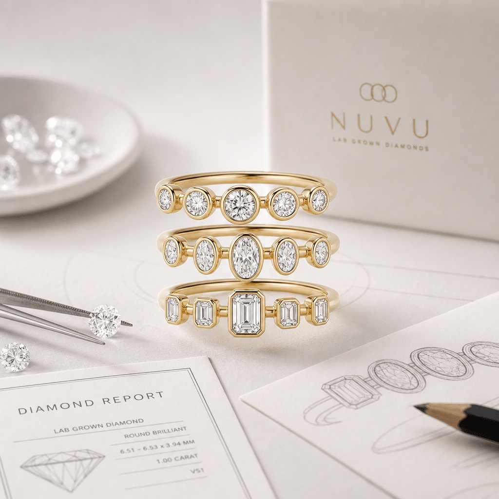 Three stacking ring bands in yellow gold, each set with lab-grown diamonds of different carat sizes and shapes, arranged to show a modular jewelry concept