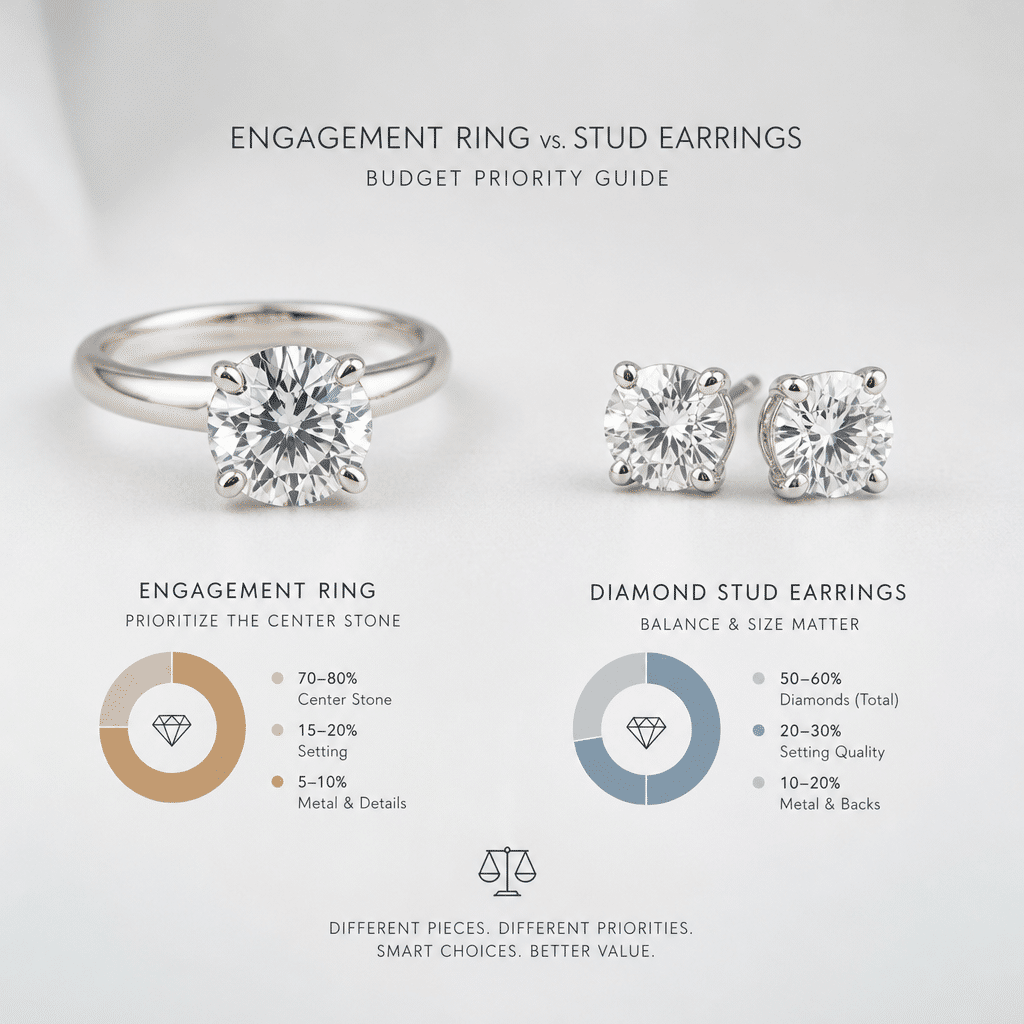 Side-by-side comparison of a single engagement ring stone and a pair of diamond stud earrings, with budget priority labels showing different allocation zones