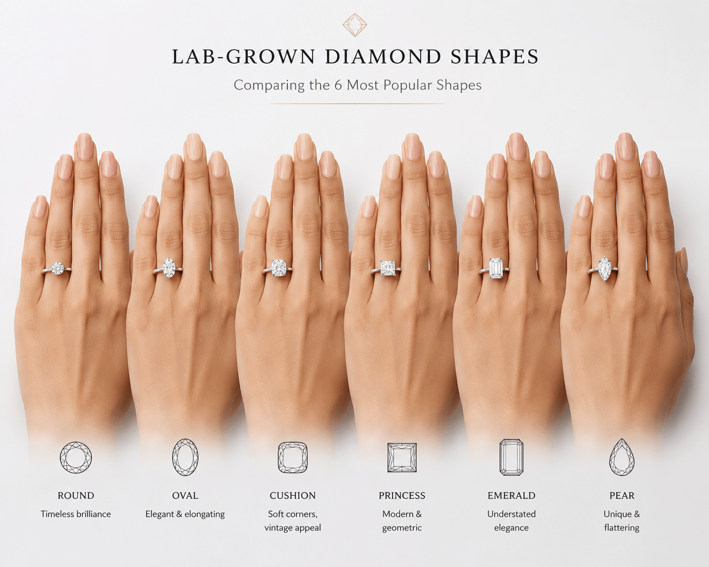 Side-by-side comparison of six popular lab-grown diamond shapes on ring fingers showing different visual profiles