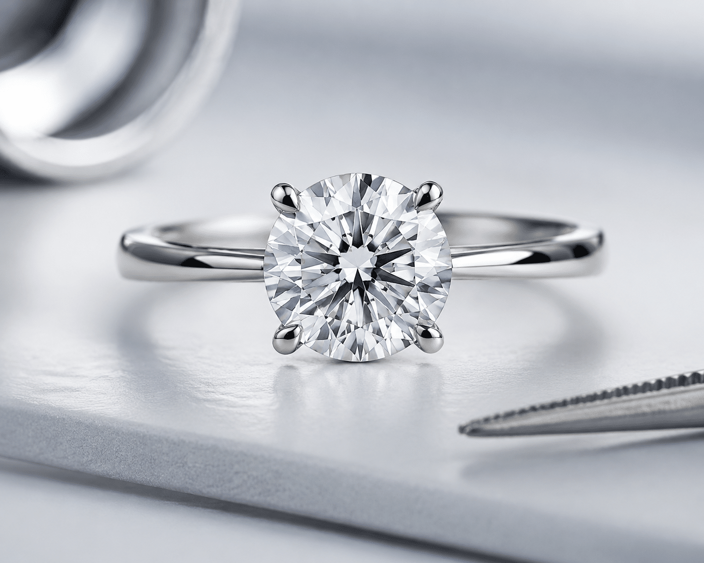 Close-up of a lab-grown round brilliant diamond in a four-prong solitaire setting showing light performance