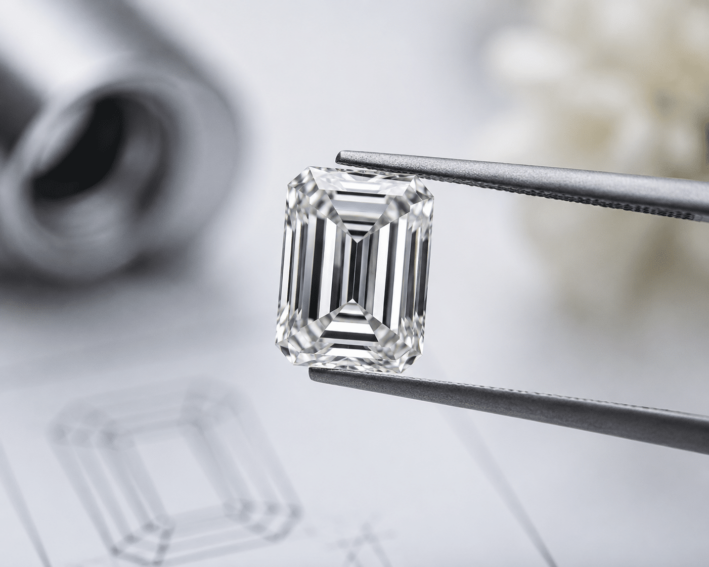 Close-up of an emerald cut lab-grown diamond showing the step-cut facets and broad mirror-like light reflections