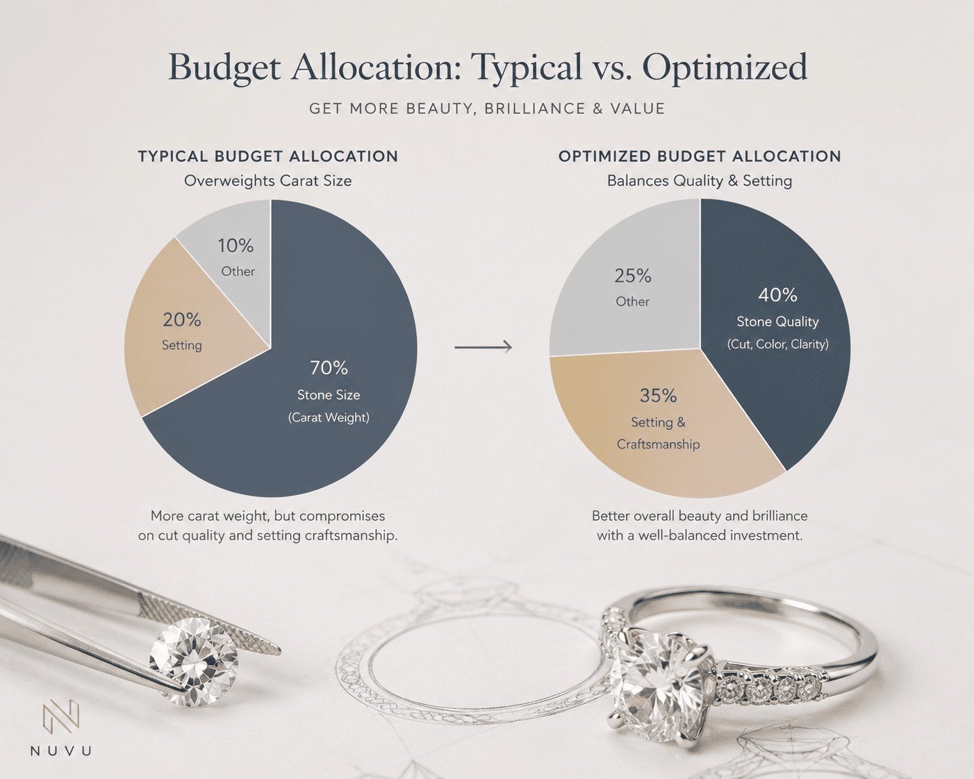 Comparison diagram showing two budget allocation pies: one typical (heavily weighted toward stone carat) and one optimized (balanced between stone quality and setting structure)
