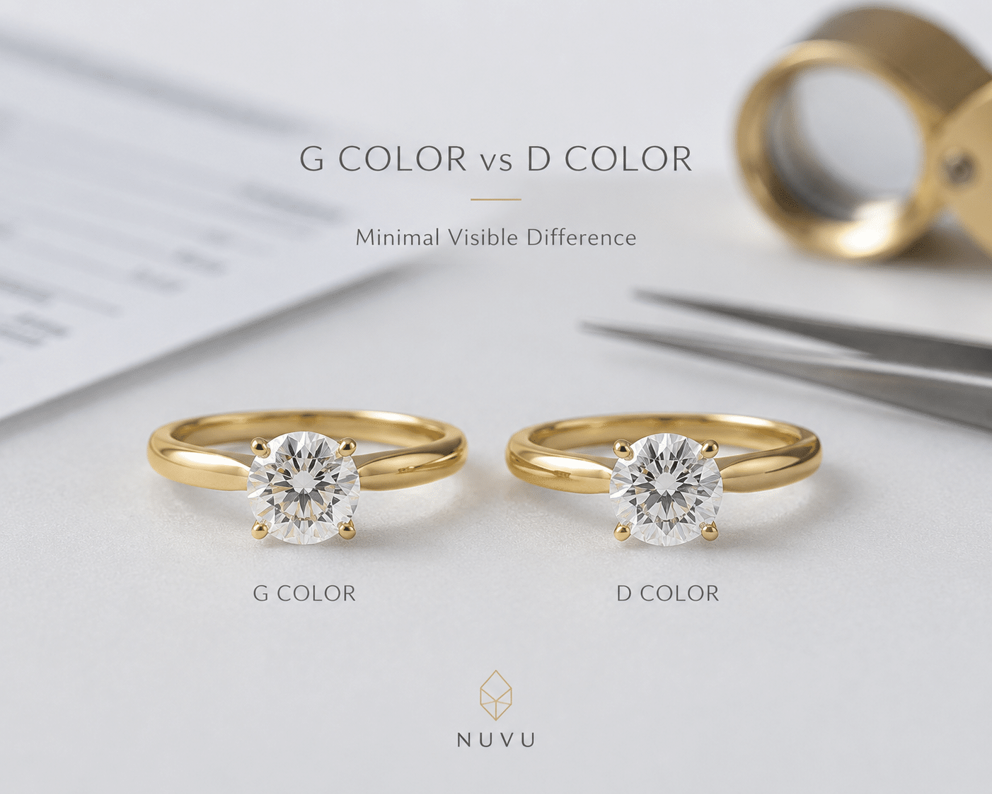 Side-by-side comparison photo of lab-grown diamonds in G color vs D color set in a yellow gold ring, showing minimal visible difference