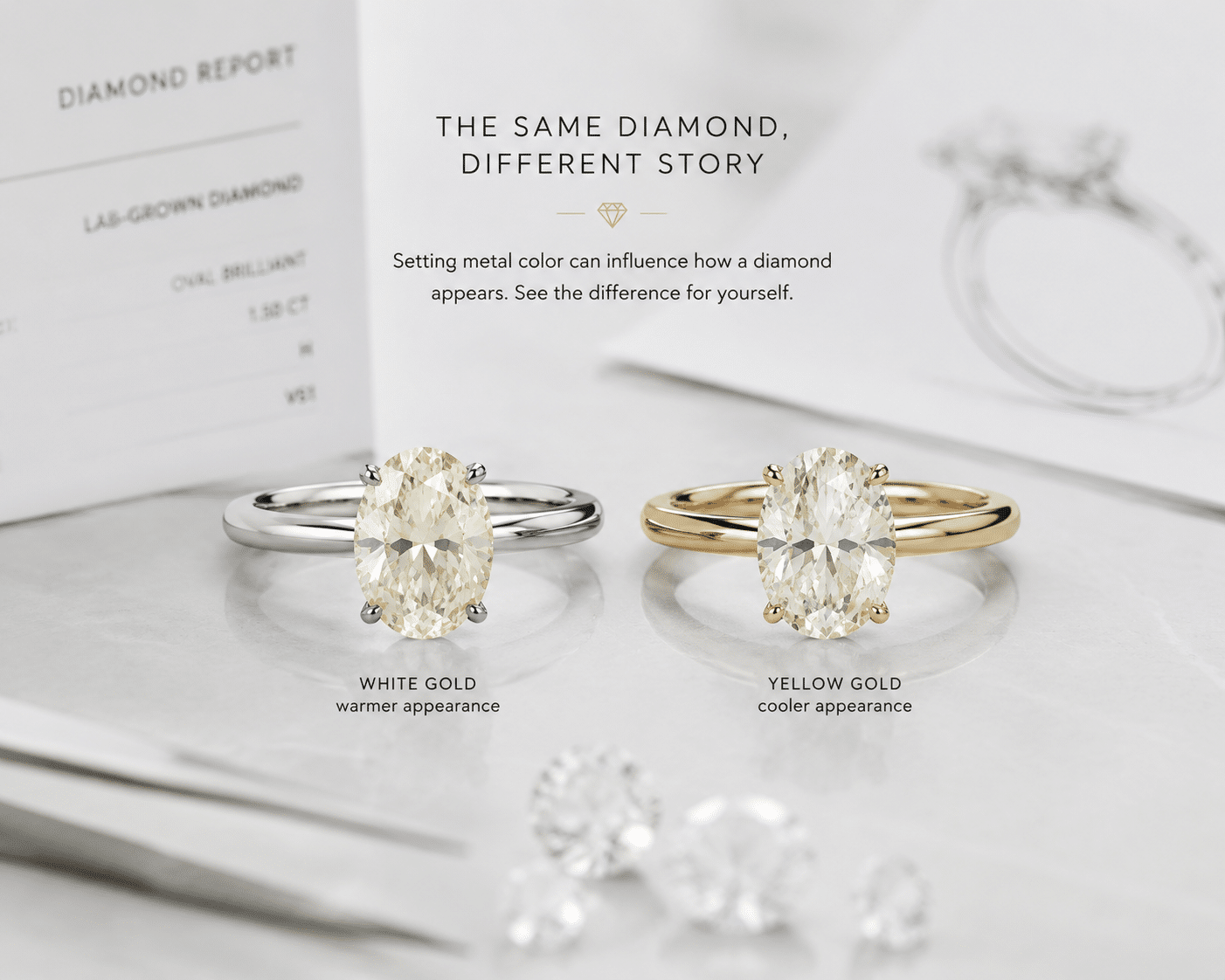 Two engagement rings side by side showing a lab-grown diamond with visible warm tint in a white gold setting vs the same stone appearing colorless in a yellow gold setting