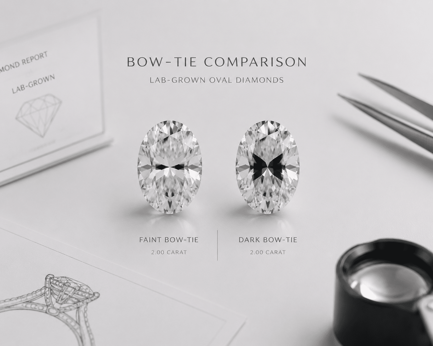 Two oval lab-grown diamonds of the same carat weight shown side by side, one with a faint bow-tie and one with a dark bow-tie, illustrating the quality difference