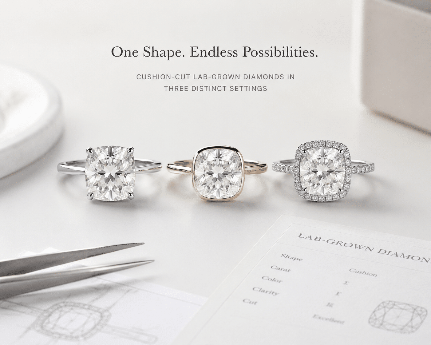 Three cushion-cut lab-grown diamonds shown in different settings—prong, bezel, and halo—to illustrate shape compatibility and design flexibility
