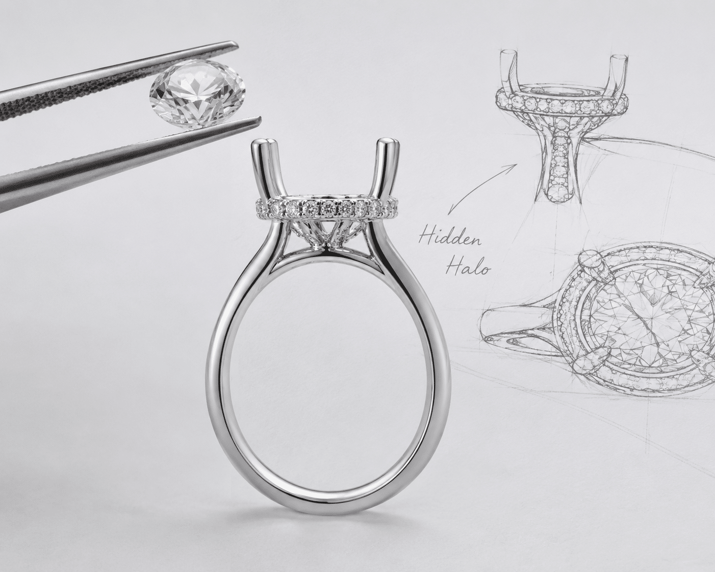 Side profile of a hidden halo setting showing a ring of small accent diamonds beneath the center stone's girdle before the center stone is set