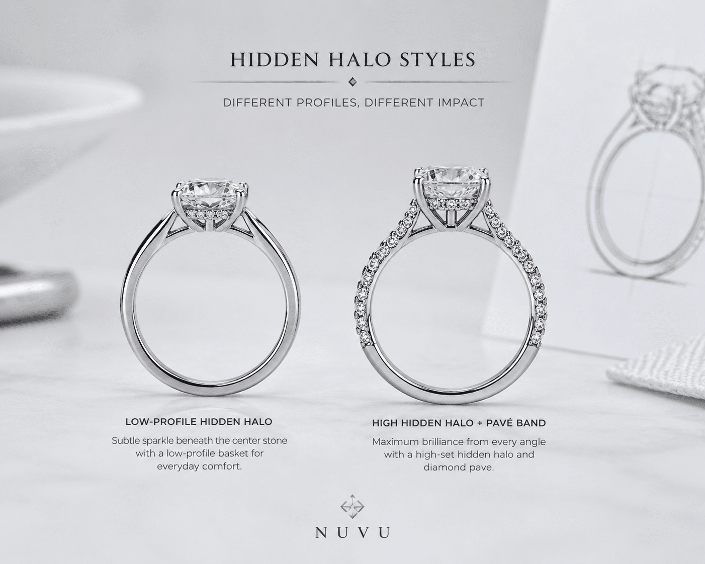 Two lab-grown diamond rings in profile one with a hidden halo in a low-profile basket and one with a high hidden halo plus pave band showing different ornamental levels