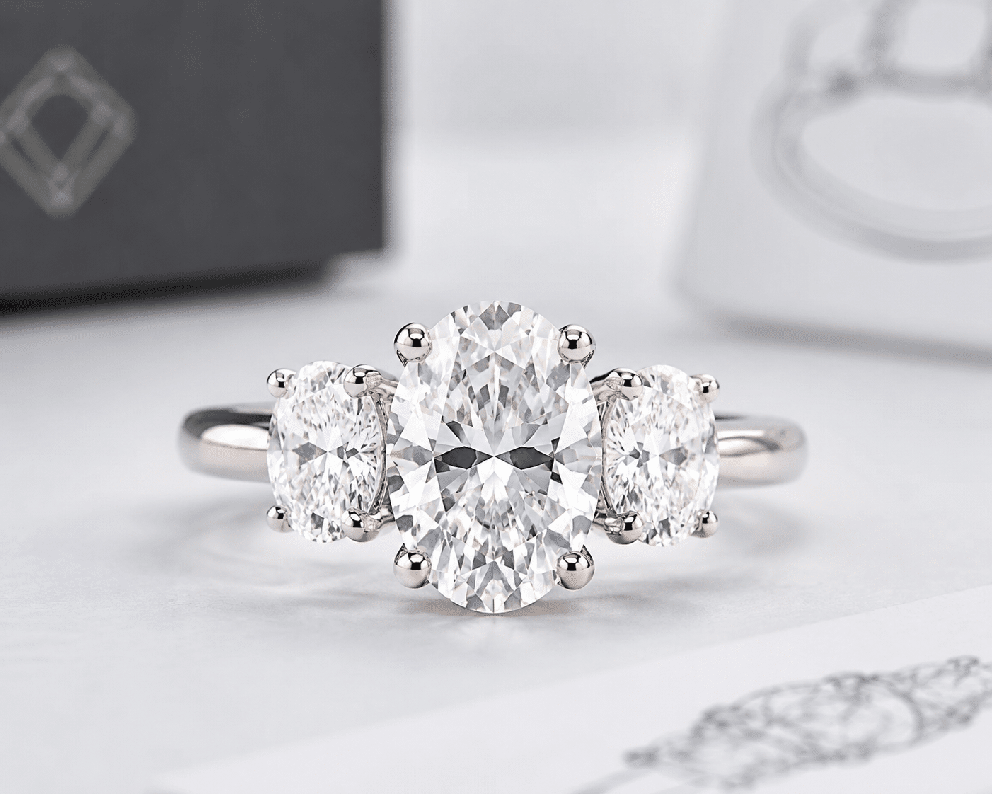 Close-up of a three-stone lab-grown diamond engagement ring showing proportional side stones flanking an oval center stone
