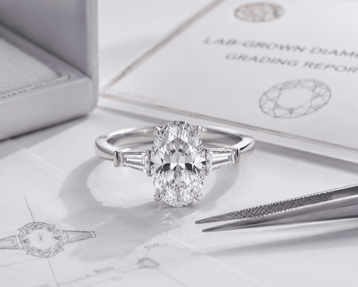 Oval lab-grown diamond center stone flanked by tapered baguette side stones in a three-stone ring setting