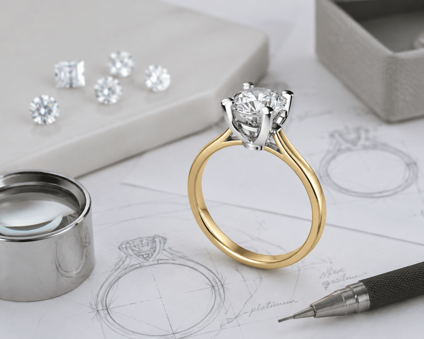 Close-up of a custom engagement ring design showing a mixed-metal setting with a platinum head and yellow gold shank