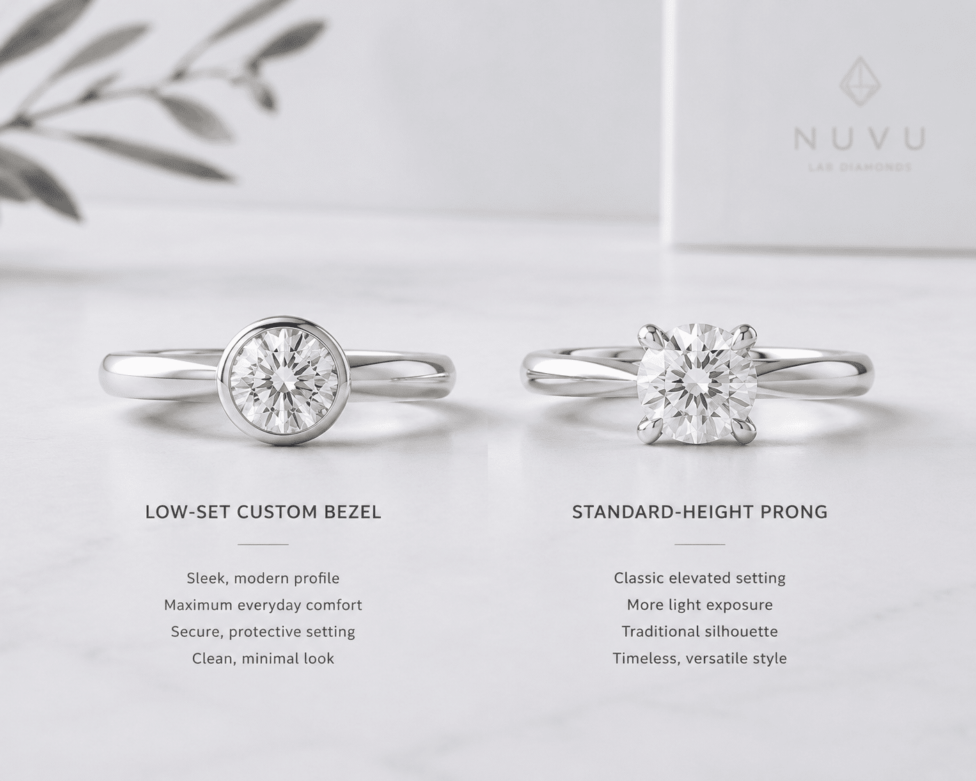 Side-by-side comparison of a low-set custom bezel engagement ring and a standard-height prong setting