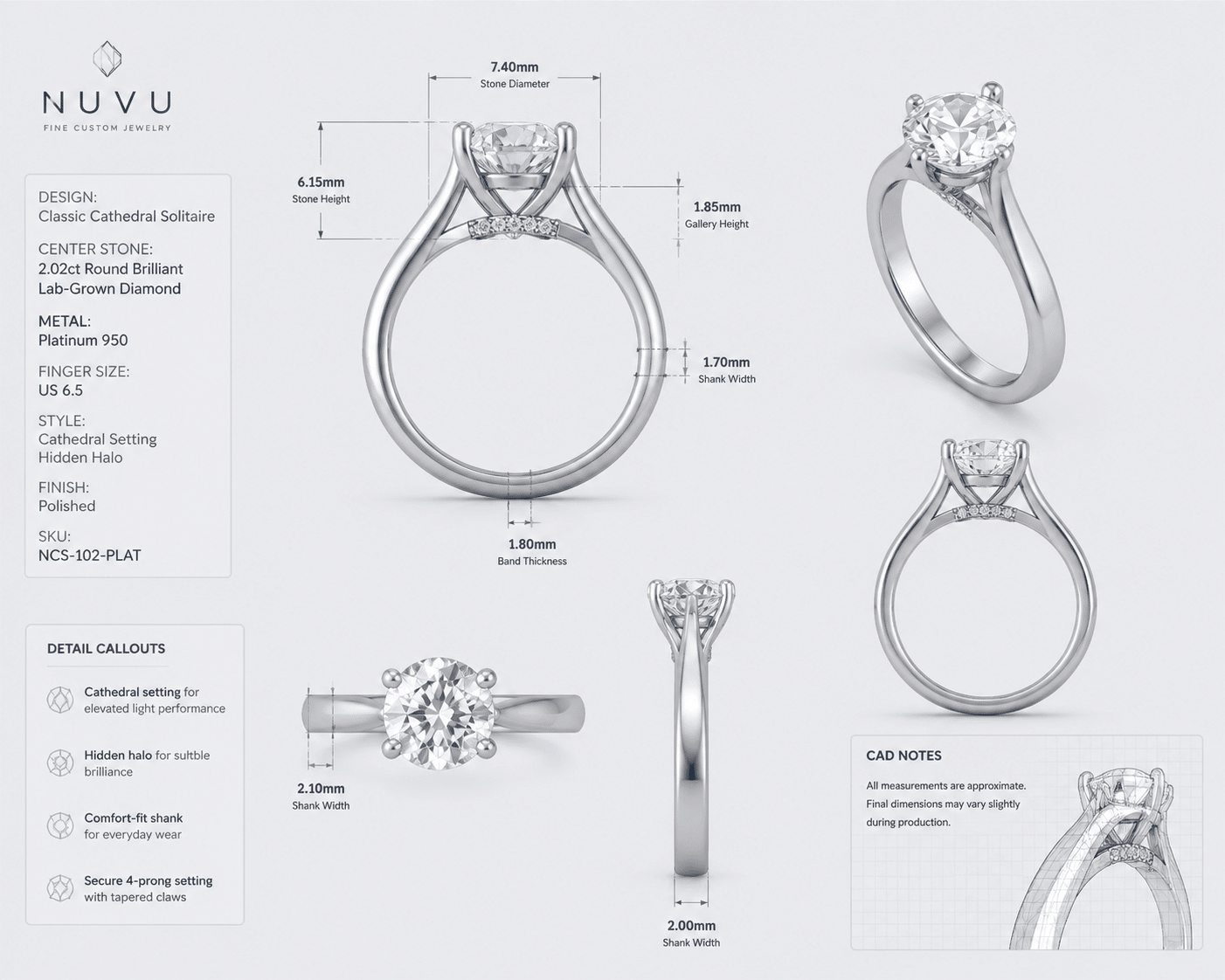 Detailed CAD rendering of a custom engagement ring showing measurement callouts for stone height, shank width, and gallery design