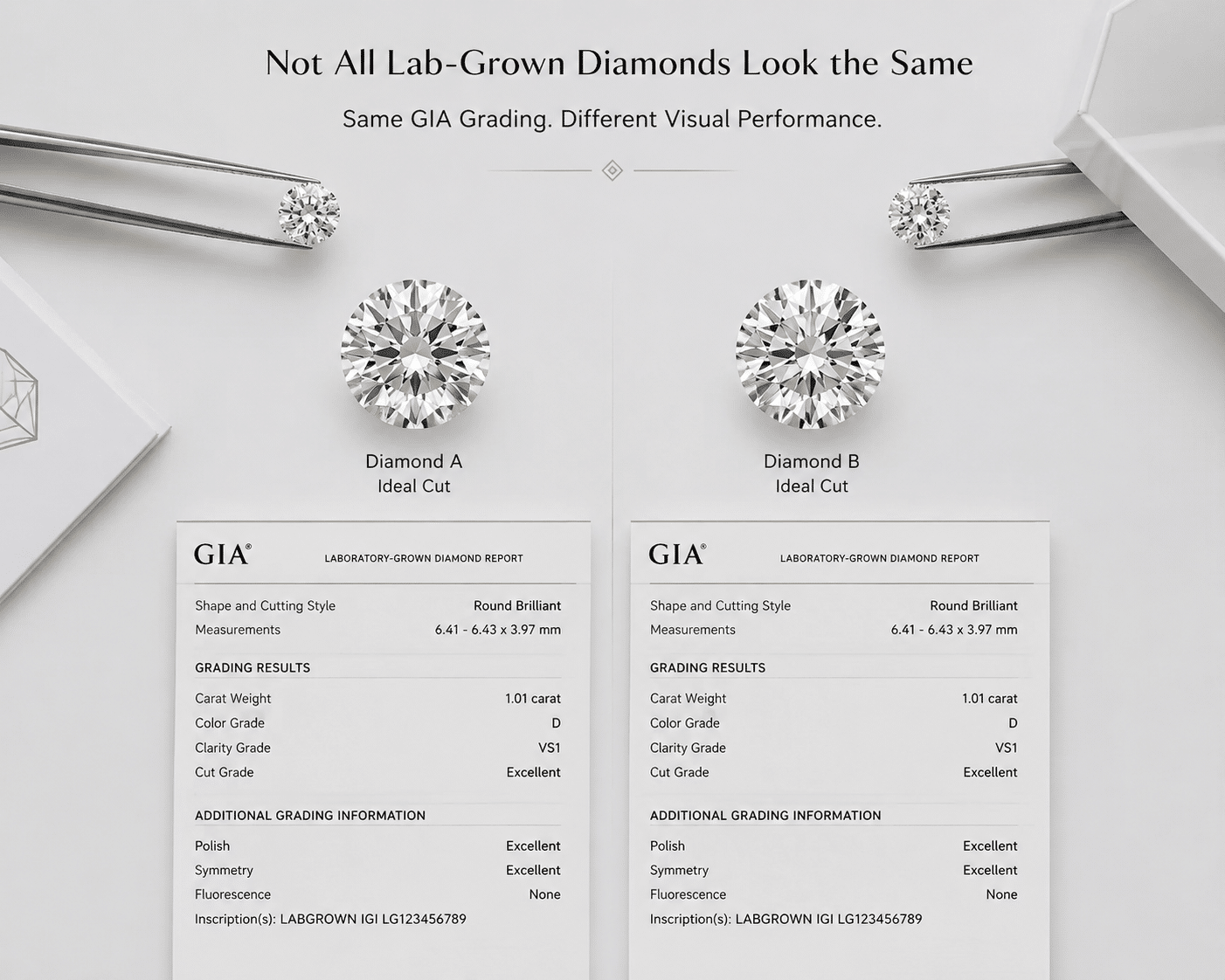 A side-by-side comparison of two lab-grown diamonds with identical GIA grading reports, showing noticeable differences in brightness and proportion when viewed face-up