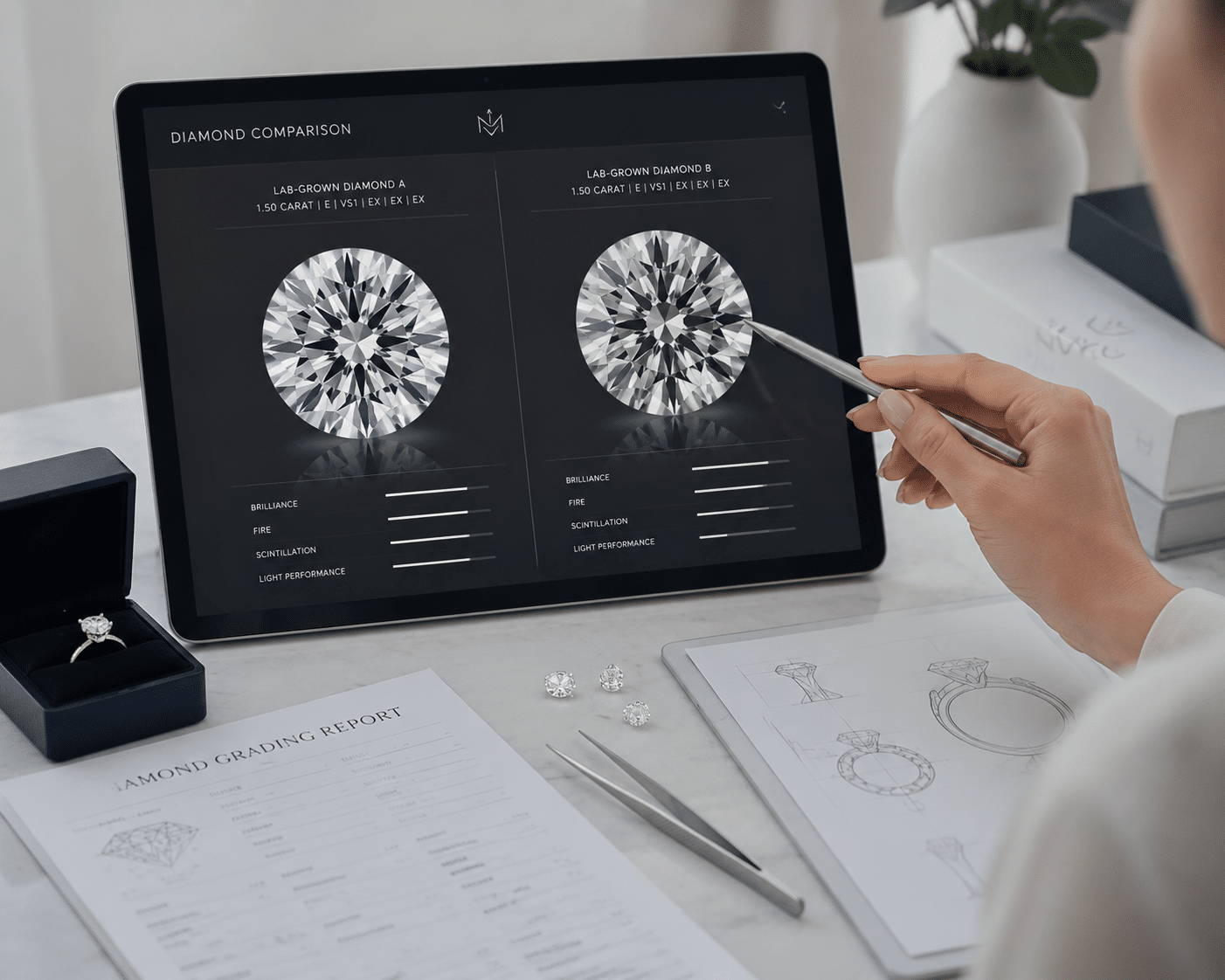 A buyer comparing two 1.5-carat round brilliant lab-grown diamonds on a screen, one appearing visibly brighter with more even facet patterns
