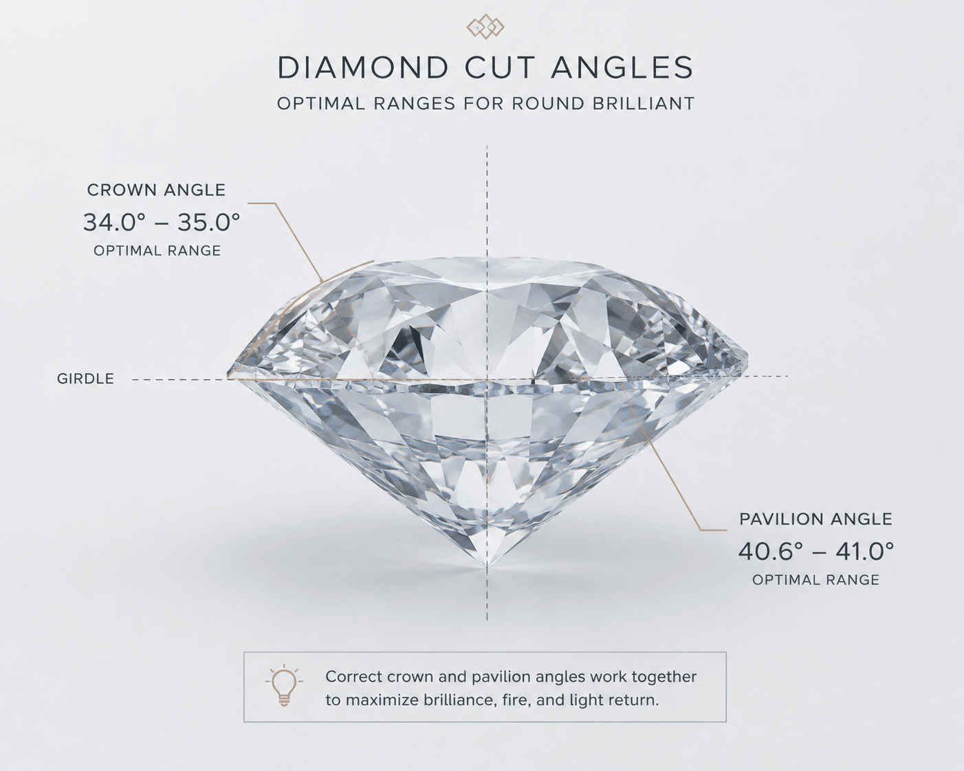 Diagram showing crown angle and pavilion angle measurements on a round brilliant lab-grown diamond, with optimal ranges labeled