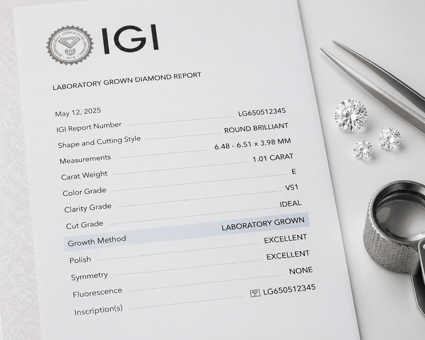 Close-up of an IGI grading report showing the report number, carat weight, shape, and growth method fields