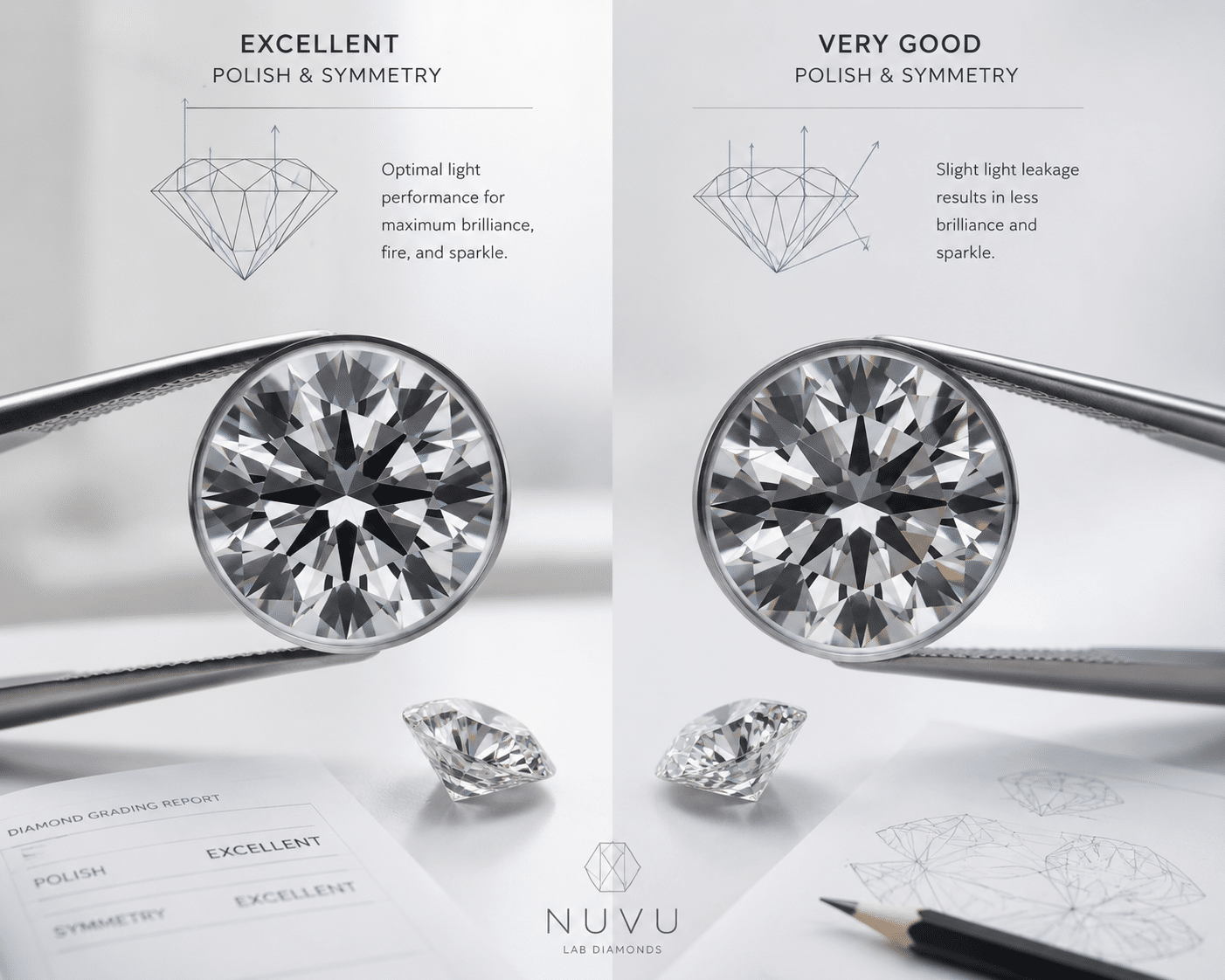 Close-up comparison showing light reflection in a lab-grown round brilliant diamond with Excellent Polish and Symmetry vs. a stone with only Very Good grades
