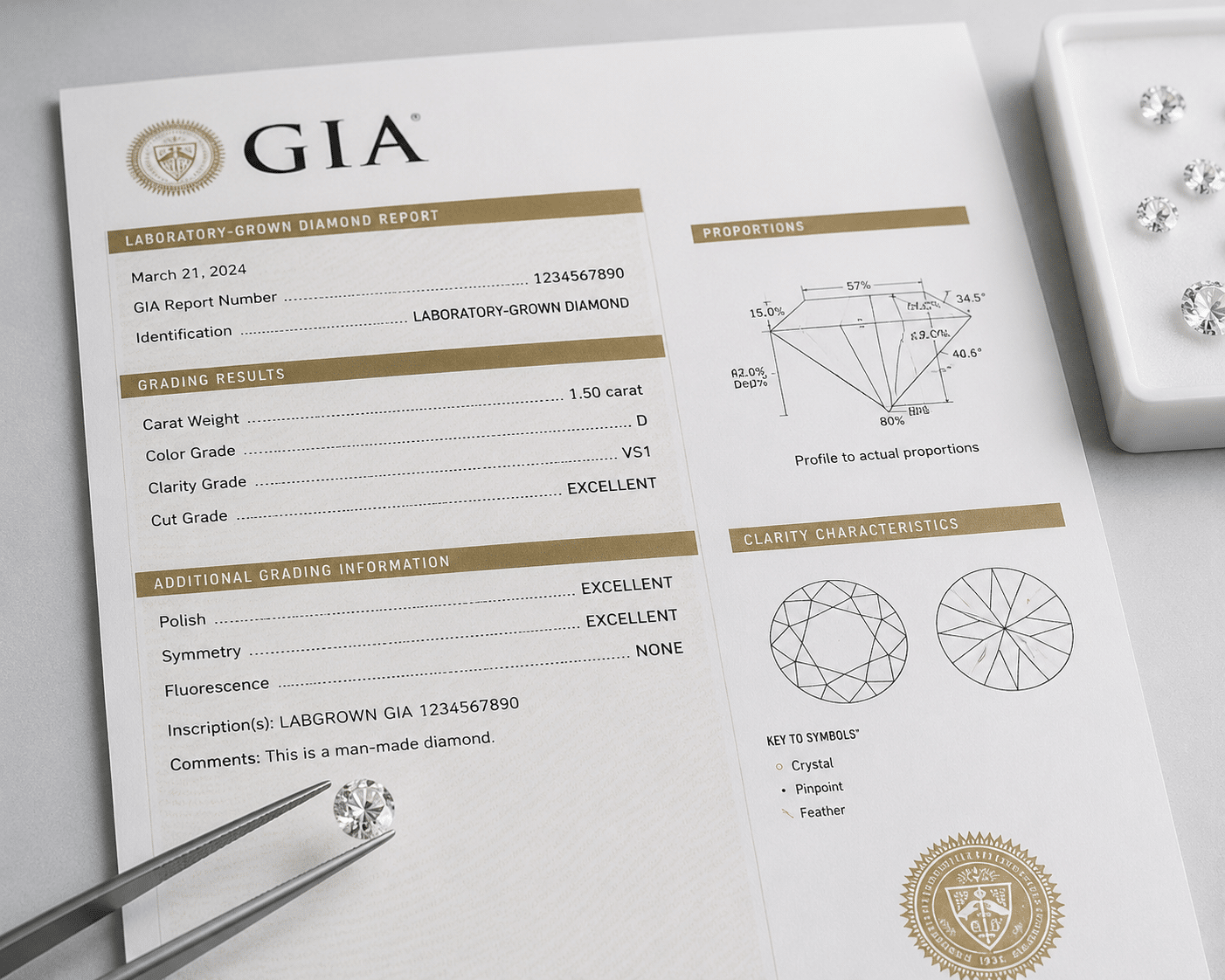 Close-up of a GIA lab-grown diamond report showing the 4Cs grading parameters, including color, clarity, cut, and carat weight