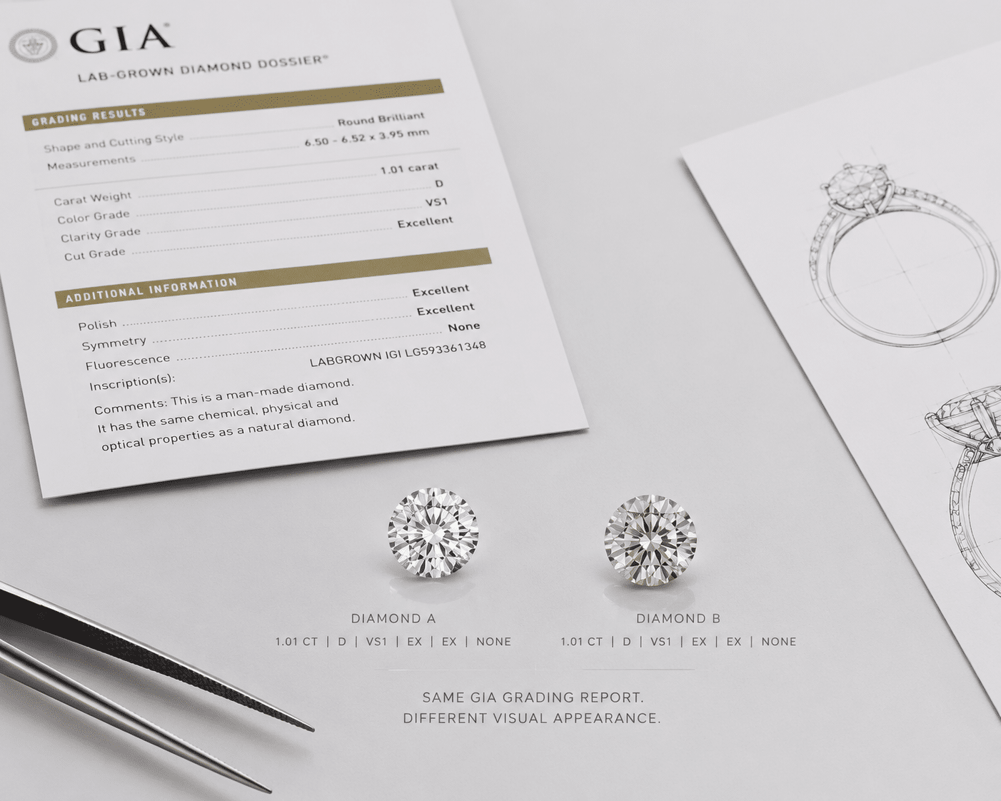 Two lab-grown diamonds side by side showing how different visual appearance can look despite having the same GIA grading report