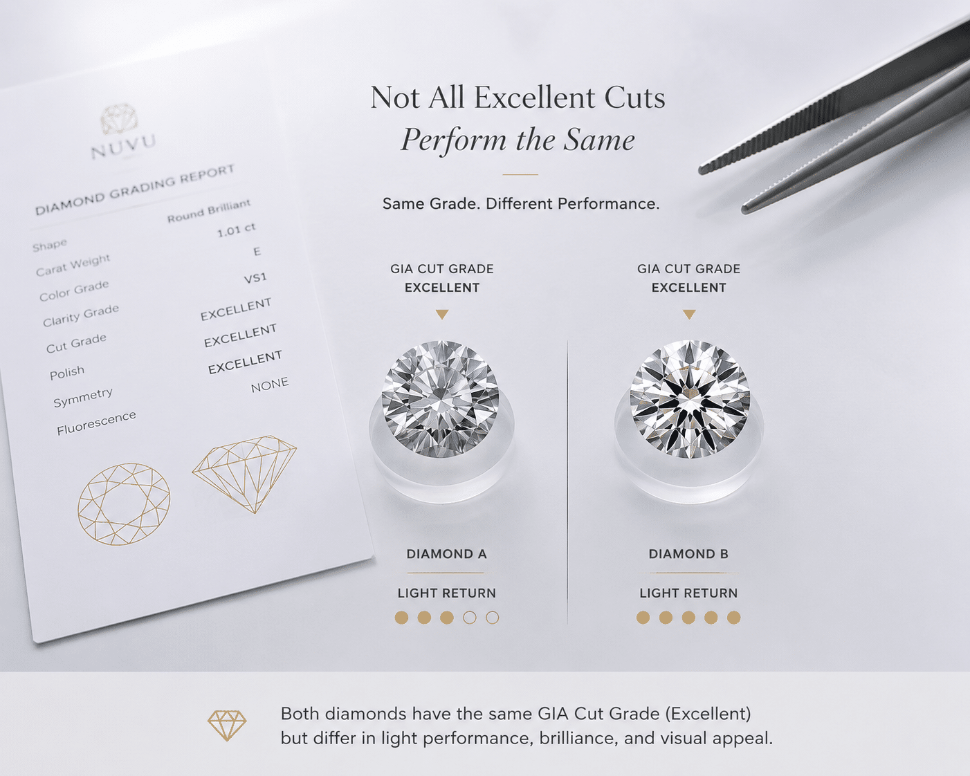 Two lab-grown diamonds with the same GIA cut grade showing differences in light return and brilliance under the same lighting conditions