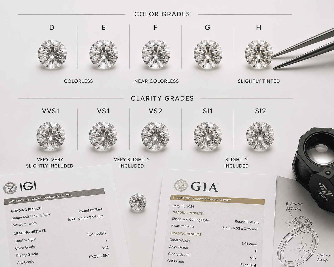 close-up comparison of color grades D through H and clarity grades VVS1 through SI1 as they typically appear on IGI and GIA lab-grown diamond reports